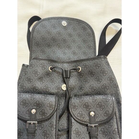 Guess Women’s Double Front Pocket Logo Backpack Handbag In Black/Gray - Picture 4 of 8